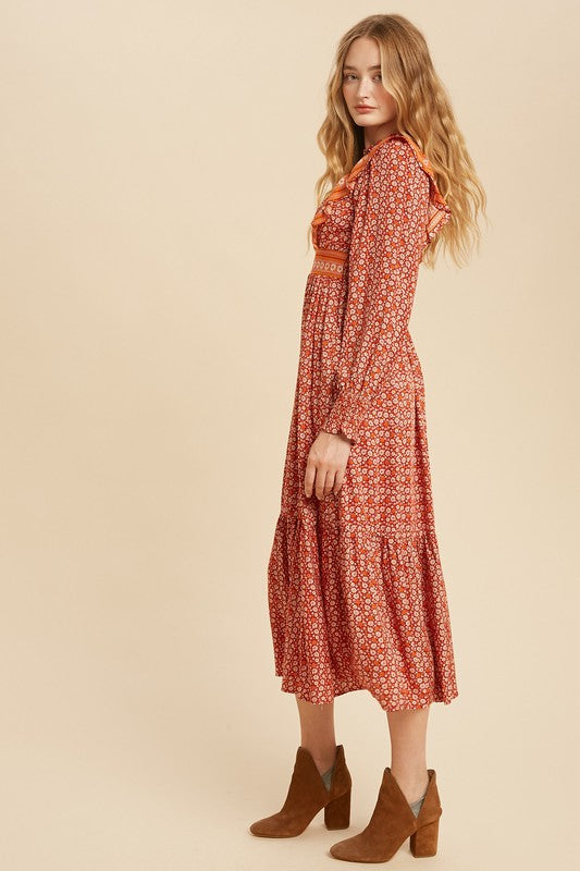 Harmony Boho Print Ruffle Midi Dress