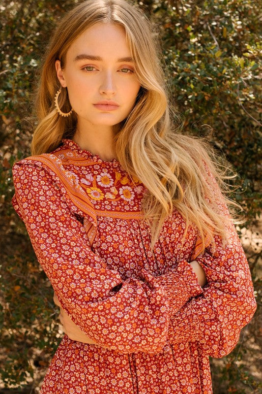 Harmony Boho Print Ruffle Midi Dress