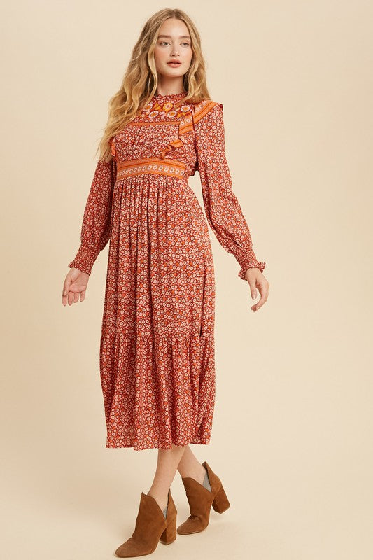 Harmony Boho Print Ruffle Midi Dress