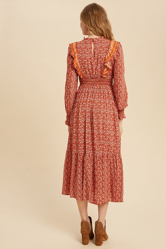 Harmony Boho Print Ruffle Midi Dress
