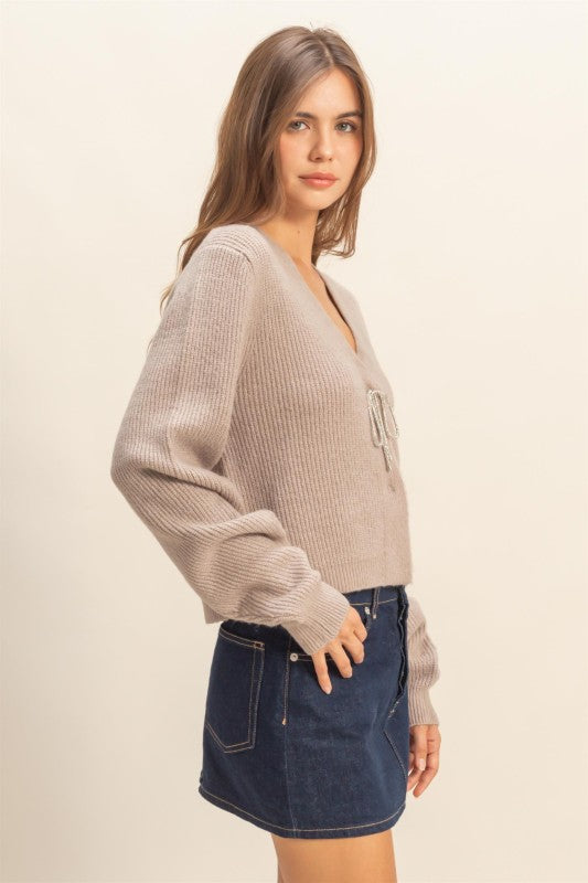 Glimmer Bow Cardigan - Light Mocha