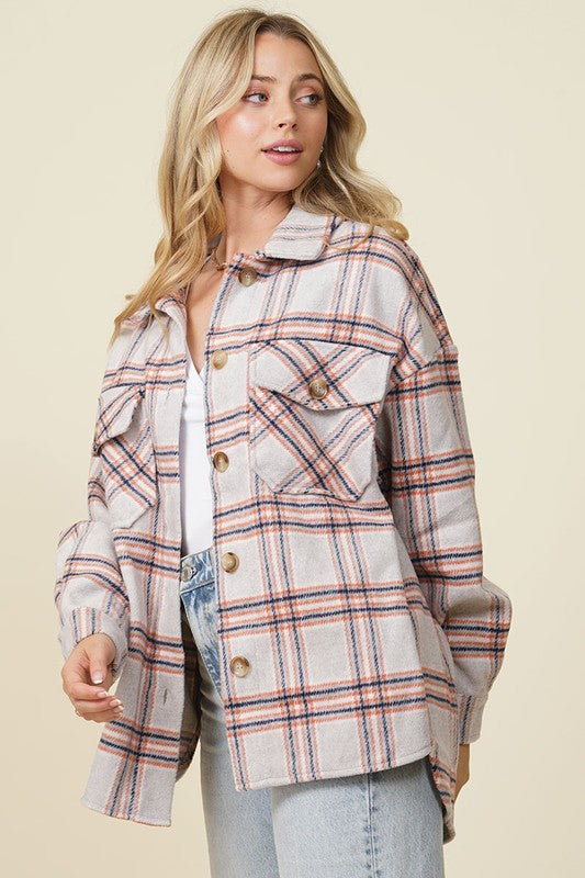 Fall Vibes Plaid Print Shacket - Beige Combo