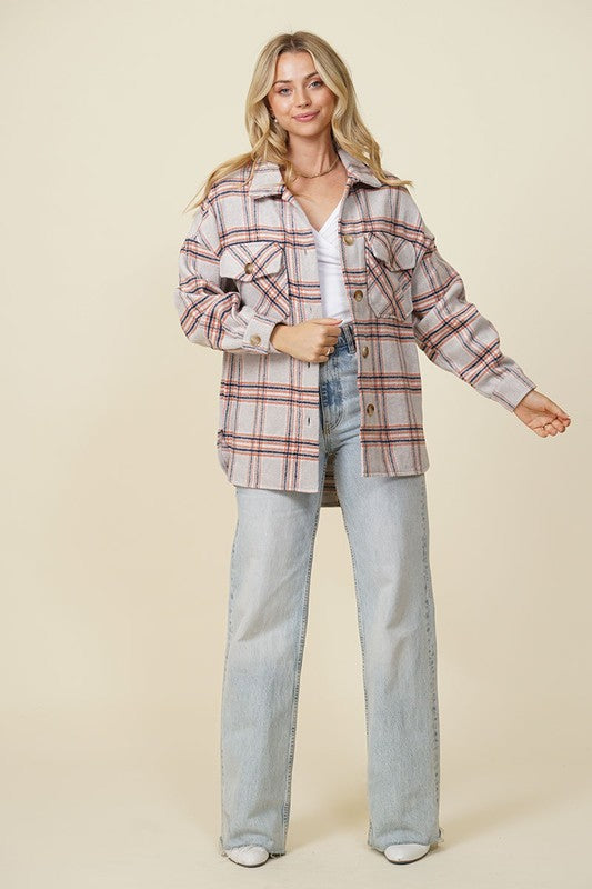 Fall Vibes Plaid Print Shacket - Beige Combo