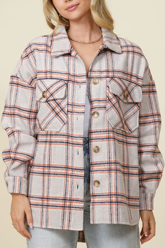 Fall Vibes Plaid Print Shacket - Beige Combo