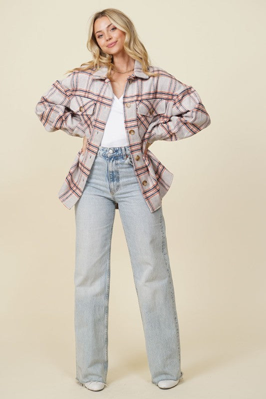 Fall Vibes Plaid Print Shacket - Beige Combo