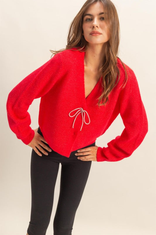 Glimmer Bow Cardigan - Red