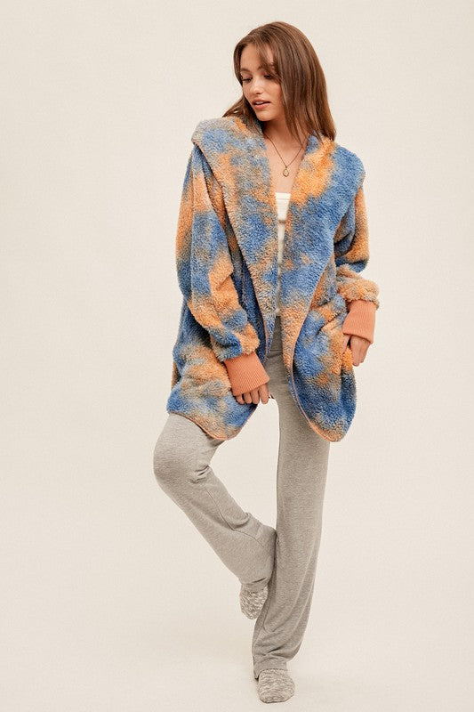 Fall Fest Favorite - Sherpa Hoodie Cardigan - Orange/Blue