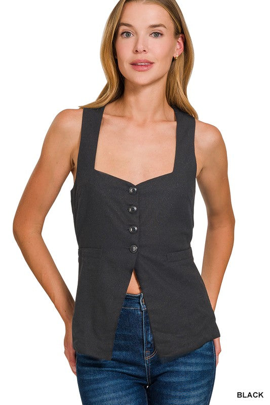 Bayside Linen Tie Back Vest - Black