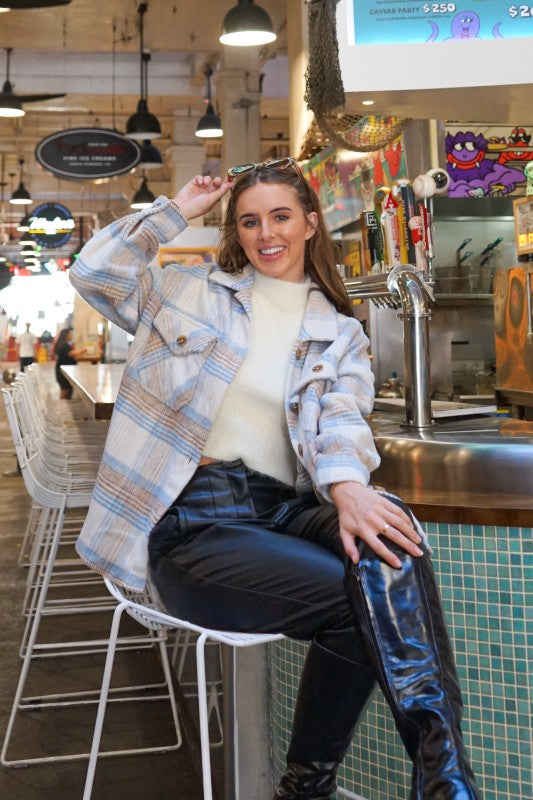 Fall Vibes Plaid Print Shacket - Taupe/Blue