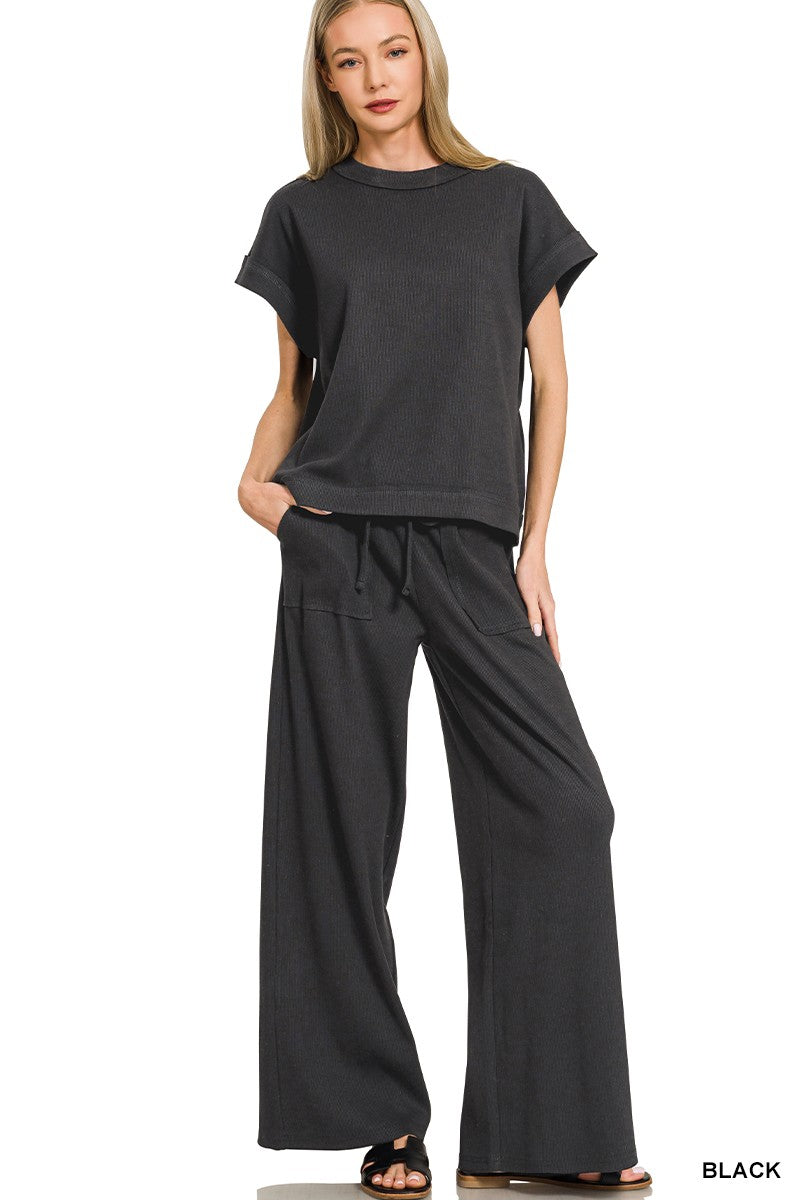 Your Favorite Ribbed Short Sleeve Tee & Pants Set - Black
