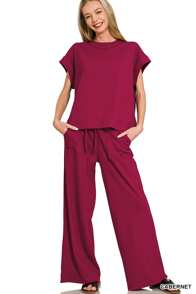 Your Favorite Ribbed Short Sleeve Tee & Pants Set - Cabernet