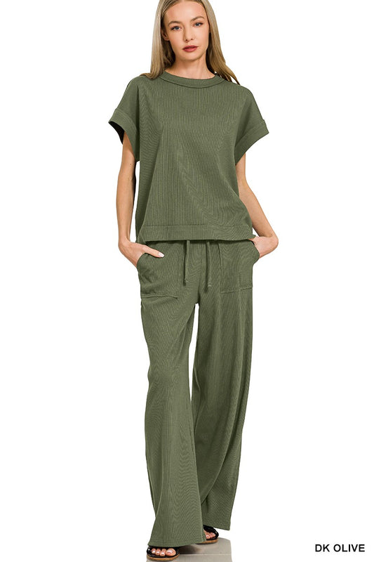 Your Favorite Ribbed Short Sleeve Tee & Pants Set - Dark Olive