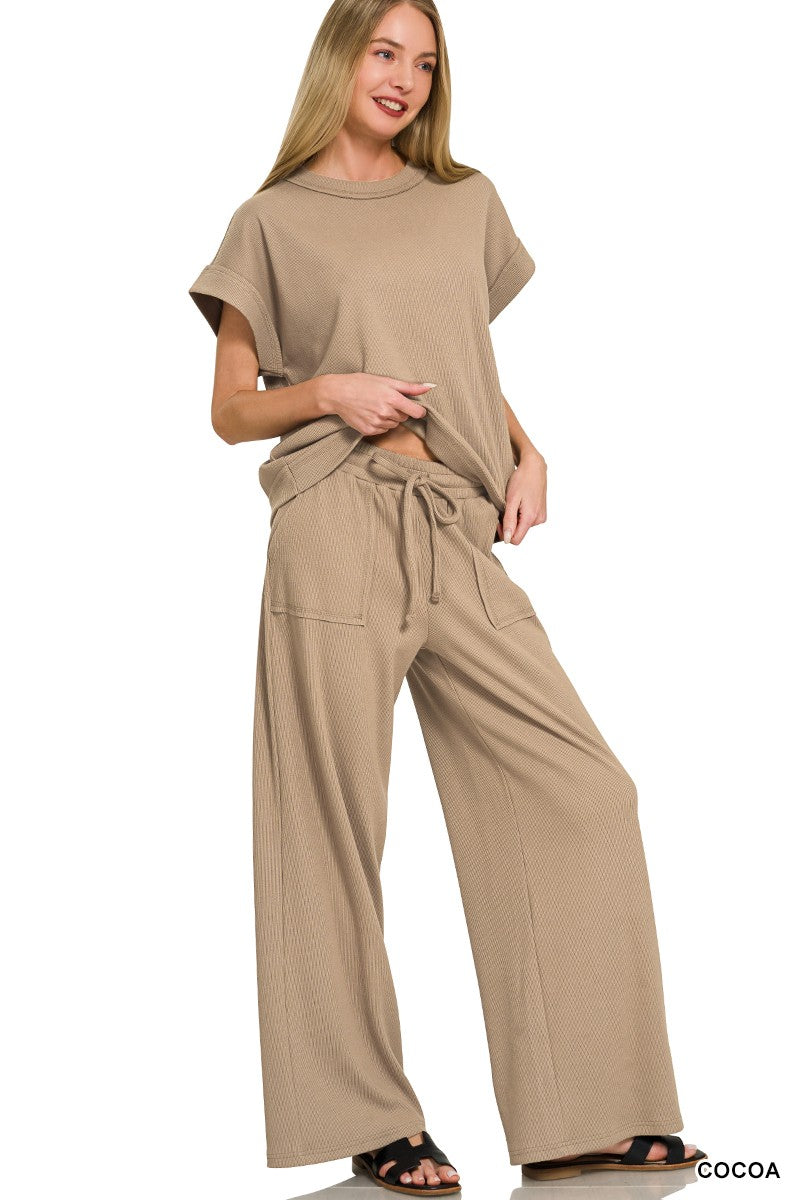 Your Favorite Ribbed Short Sleeve Tee & Pants Set - Cocoa