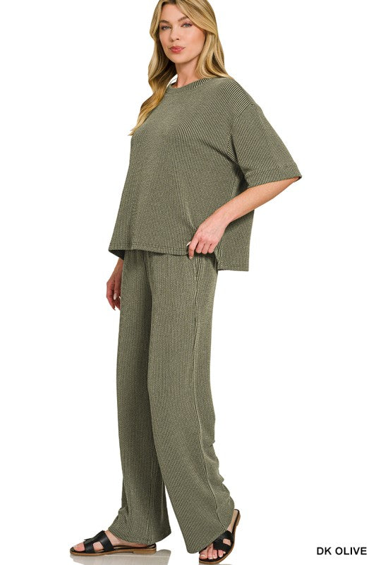 Get Up And Go Two Piece Ribbed Set - Dark Olive