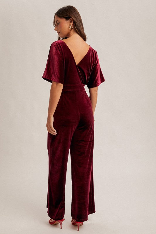 Merlot Surplice Neck Velvet Jumpsuit