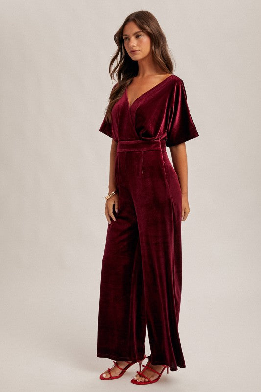 Merlot Surplice Neck Velvet Jumpsuit
