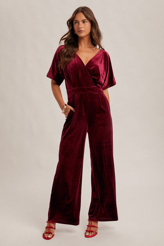 Merlot Surplice Neck Velvet Jumpsuit