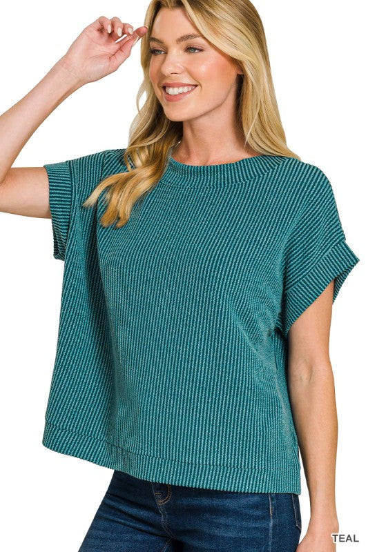 Brighter Days Ribbed Short Sleeve Top - Teal