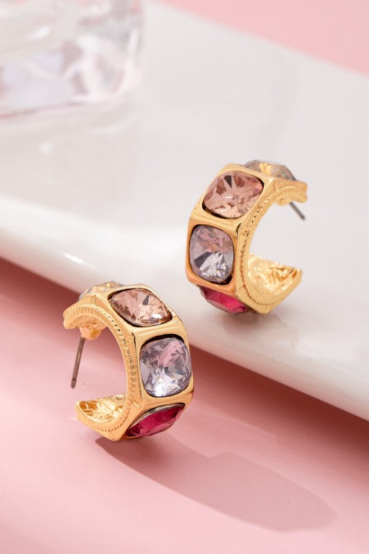 Gold Tone Multi Color Gem Crystal Hoop Earrings