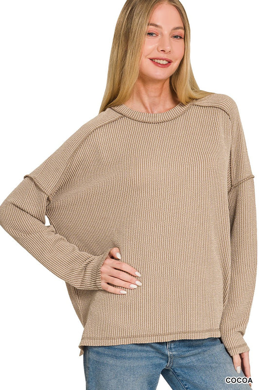 Cloud Nine Ribbed Long Sleeve Top - Cocoa