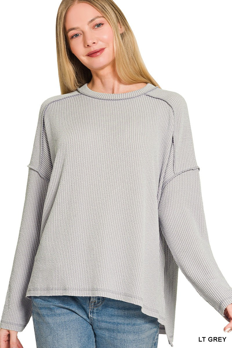 Cloud Nine Ribbed Long Sleeve Top - Light Grey