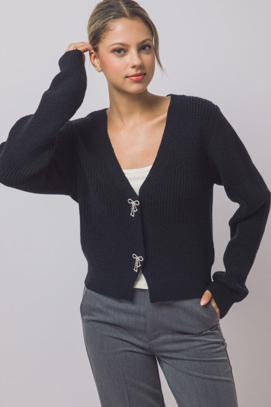 Rhinestone Bow Cardigan - Black