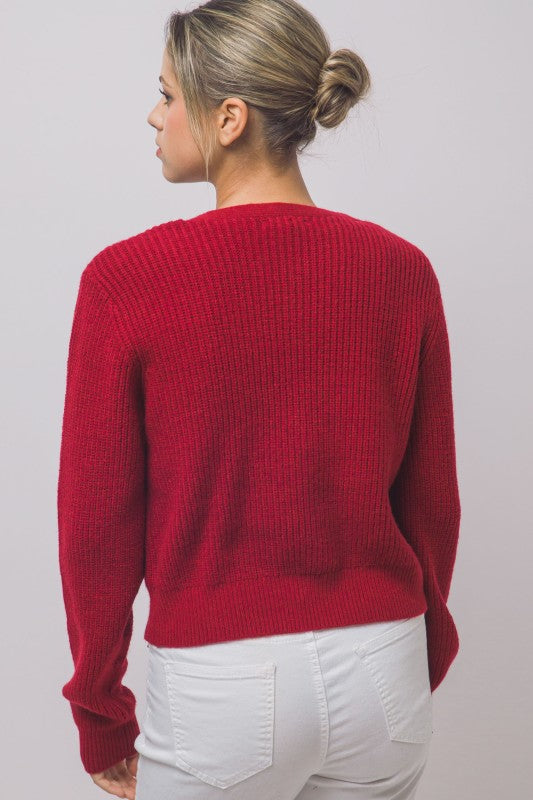 Rhinestone Bow Cardigan - Wine