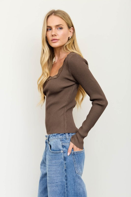 Square Neck Lace Trim Ribbed Top - Brown