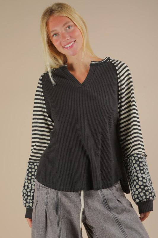 Pumpkin Patch Floral & Stripe Knit Top - Black