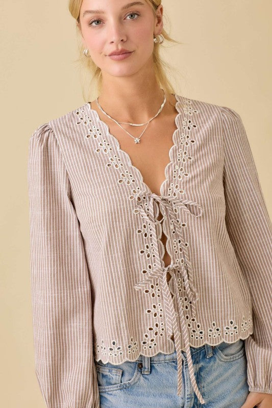 Jessie V-Neck Scalloped Embroidered Tie Top