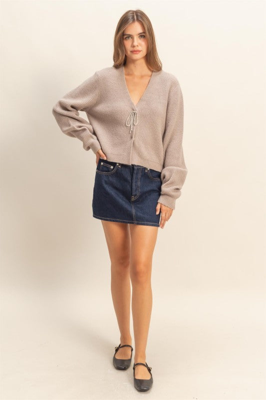 Glimmer Bow Cardigan - Light Mocha