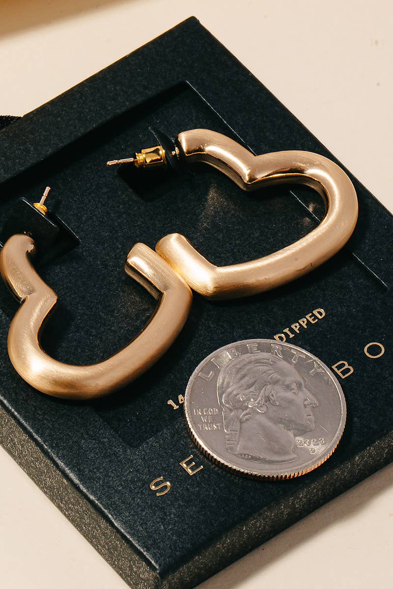 Secret Box Brushed Gold Dipped Tube Hoop Heart Earrings