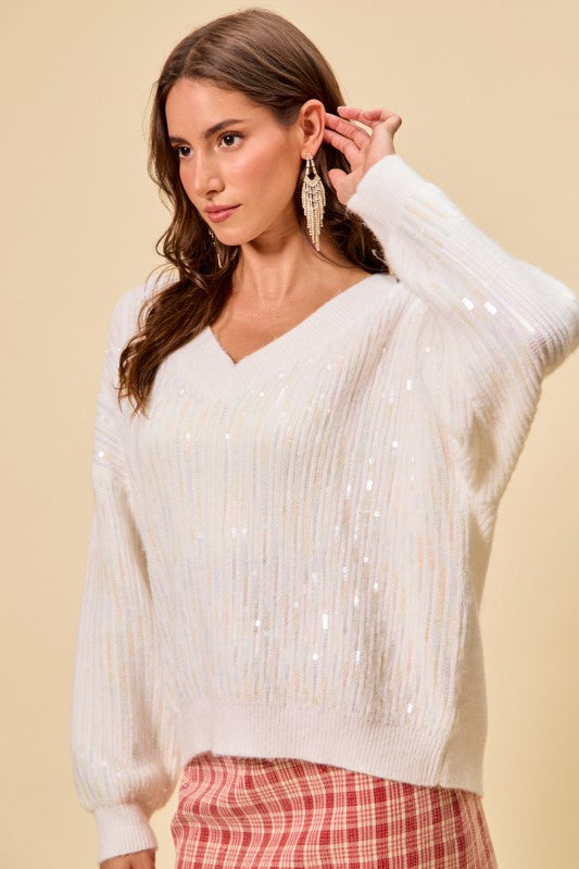 Holiday Clear Sequins Christmas V Neck Sweater Top