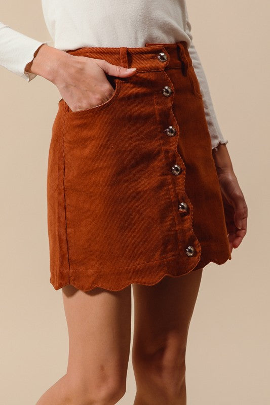 Fall Feels Scalloped Button Front Corduroy Skirt