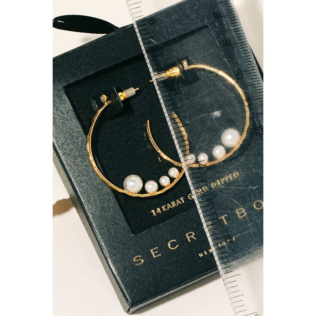Secret Box Gold Dipped Pearl Charms Hammered Hoop Earrings