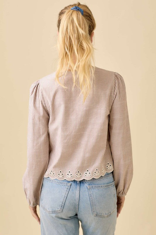 Jessie V-Neck Scalloped Embroidered Tie Top