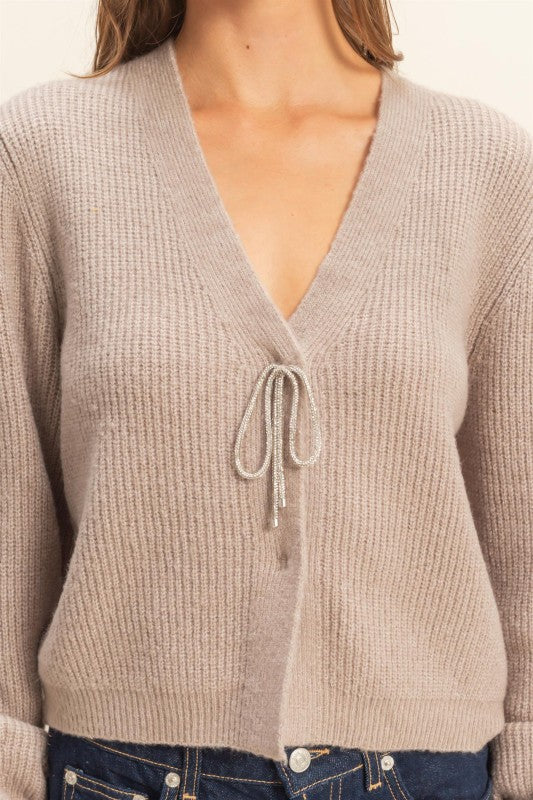 Glimmer Bow Cardigan - Light Mocha