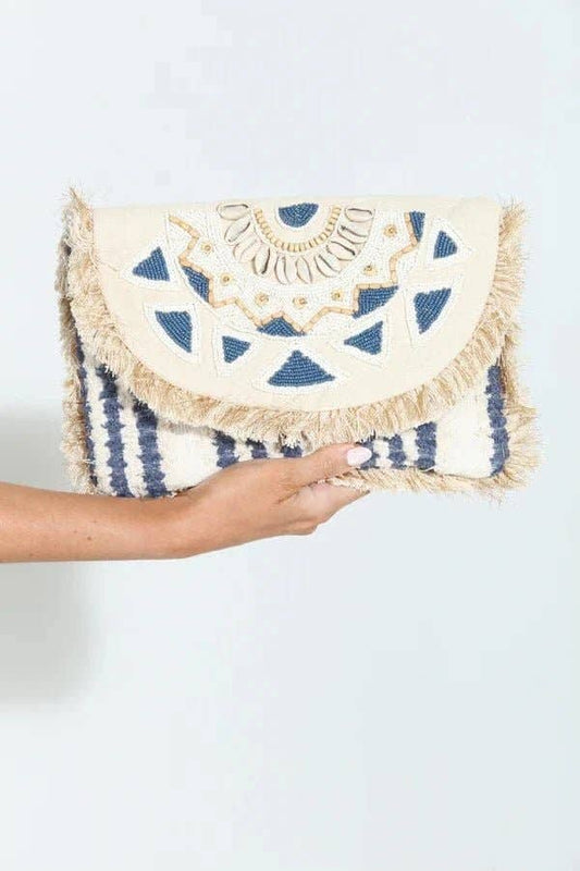 Seashore Beaded Fringe Foldover Clutch