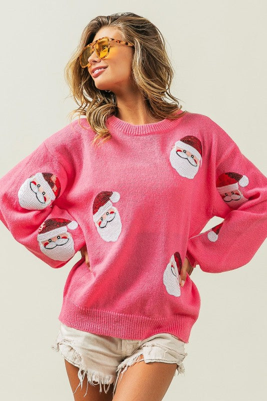 Sequin Santa Patch Pullover Sweater - Pink