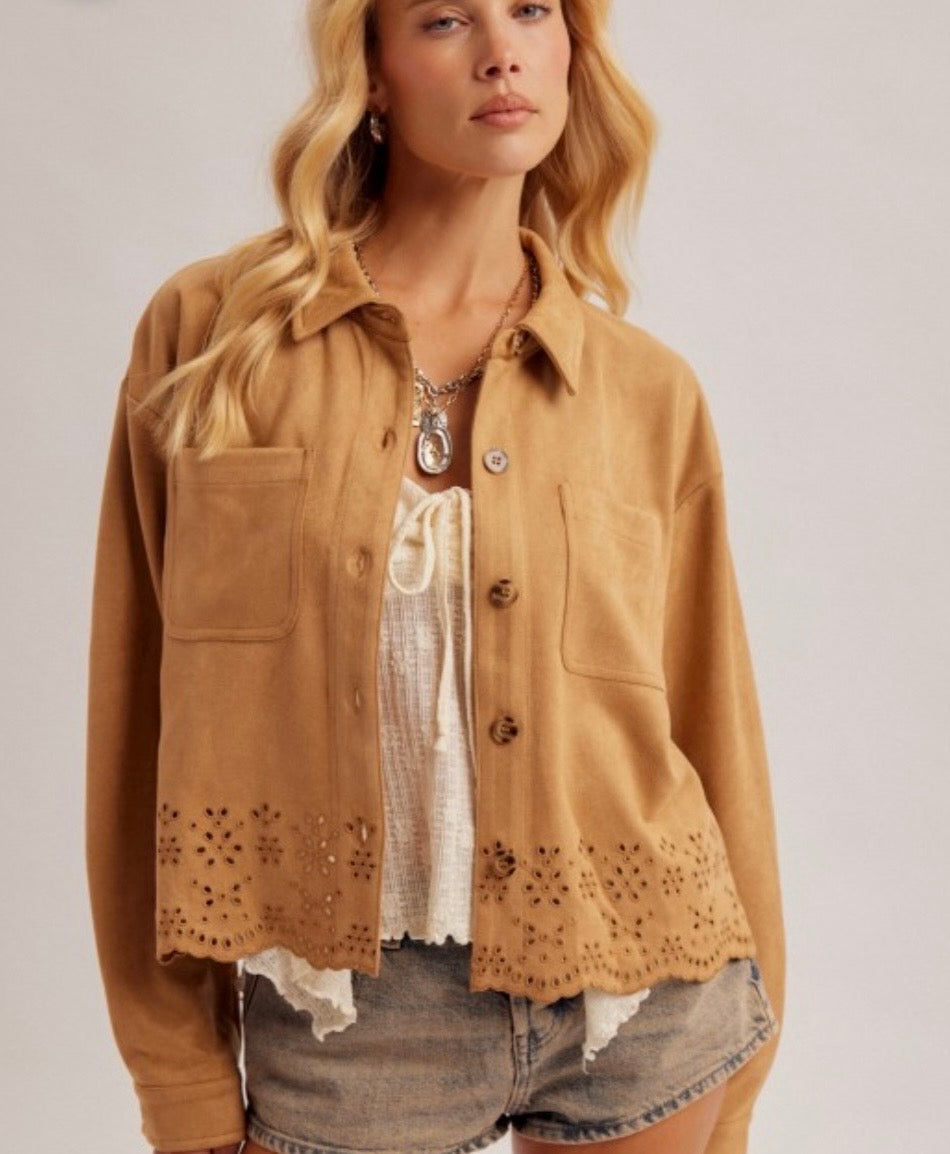 Embroidery Detail Faux Suede Jacket