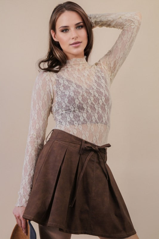 Sweet Side High Neck Floral Mesh Lace Layering Top - Champagne