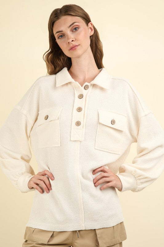 Let It Be Collared Button Down Henley - Cream