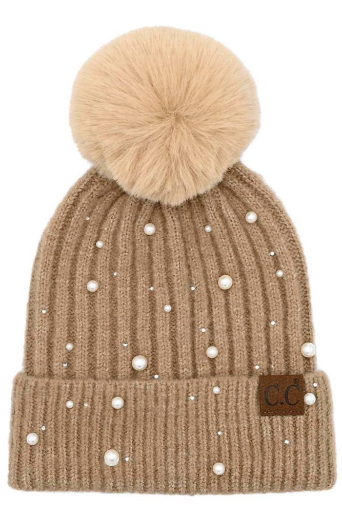 C.C Pearl Embellishments Pom Beanie - 4 Colors
