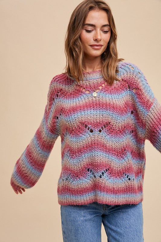 Mohair Gradient Multicolor Pointelle Sweater - Pink