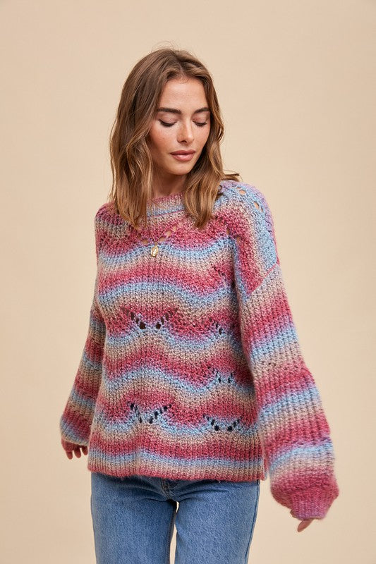 Mohair Gradient Multicolor Pointelle Sweater - Pink