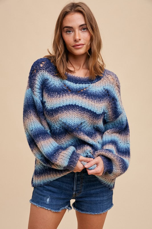 Mohair Gradient Multicolor Pointelle Sweater - Blue