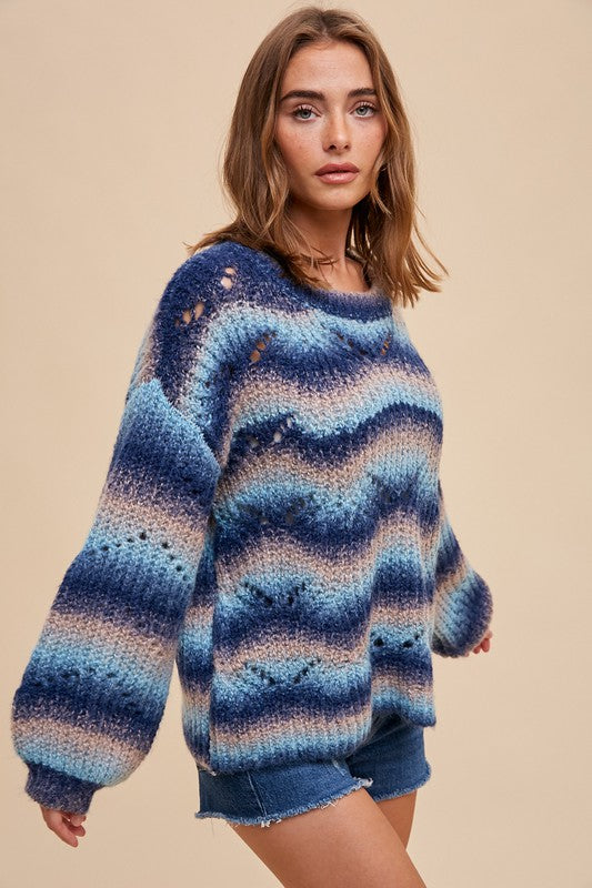 Mohair Gradient Multicolor Pointelle Sweater - Blue