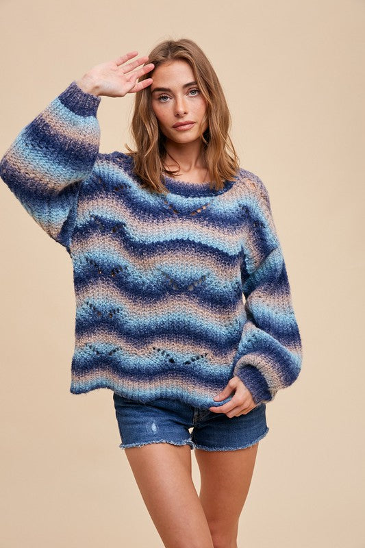 Mohair Gradient Multicolor Pointelle Sweater - Blue