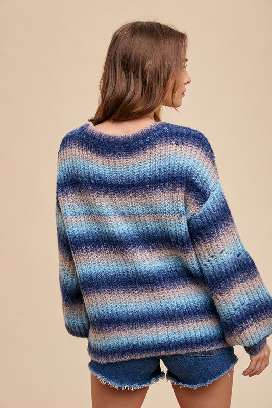 Mohair Gradient Multicolor Pointelle Sweater - Blue