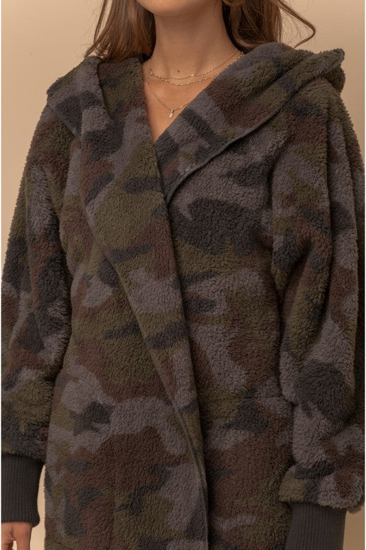 Fall Fest Favorite - Sherpa Hoodie Cardigan - Camo